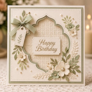 Puede incluir: Una tarjeta de cumpleaños color crema con un borde y acentos verde salvia. La tarjeta presenta un marco decorativo con un patrón tejido, adornado con flores, hojas y un lazo. Las palabras "Happy Birthday" están escritas en una elegante escritura.