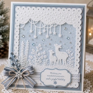 Könnte beinhalten: Handgefertigte Grußkarte mit Winterthema. Die Karte hat einen hellblauen Hintergrund mit weißen Stanzteilen, darunter Hirsche, Sterne und Blätter. Ein blaues Band und ein Schneeflocken-Ornament verzieren die Vorderseite mit dem Text "Wishing you wonderful memories and a joyful holiday."