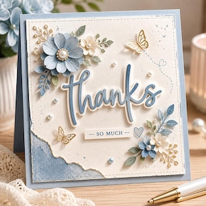 Puede incluir: Tarjeta de agradecimiento hecha a mano en tonos azul claro y crema. Presenta flores de papel, mariposas y la palabra "gracias" en escritura cursiva. También incluye la frase "so much", creando un diseño delicado.