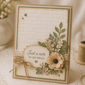 May include: A rectangular greeting card featuring a white embossed brick pattern background, a cream-colored label with the text "Just a note TO SAY HELLO" and a small green heart, decorated with beige paper flowers, green leaves, lace, and twine.