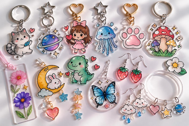 May include: A collection of colorful acrylic keychains and earrings featuring various designs. Keychains include a cat, planet, girl, jellyfish, paw print, and mushroom. Earrings showcase strawberries and clouds. A bookmark and bracelet are also visible.