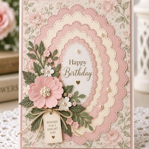 Op de afbeelding: Een rechthoekige wenskaart met een achtergrond van rozenpatronen. Het bevat gelaagde geschulpte ovale kaders in roze en crème, gecentreerd met de tekst Happy Birthday. Versierd met papieren bloemen, groene bladeren, parels en een klein label met de tekst WISHES FOR A BRIGHT DAY.