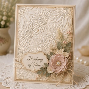 May include: A rectangular greeting card with an embossed sunflower pattern in cream. It features a scalloped label with the text Thinking of You, a large dusty pink paper flower with a pearl center, green paper leaves, and beige lace trim.