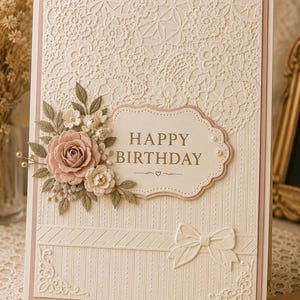 May include: A cream-colored birthday card with a textured lace design on the top half. The card features a floral arrangement with a large pink rose and the words "HAPPY BIRTHDAY" in a decorative frame. A bow is at the bottom.