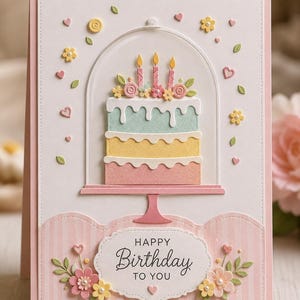 Pode incluir: Um cartão de felicitações com um bolo de três camadas sob uma cúpula de vidro, decorado com velas e flores. O bolo tem camadas em azul pastel, amarelo e rosa. Uma etiqueta na parte inferior diz "HAPPY Birthday TO YOU" com detalhes florais.