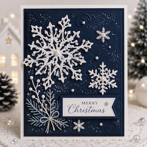 May include: A rectangular greeting card with a dark navy blue background featuring white die-cut snowflakes, small white pearls, and a white banner with stitched edges that reads Merry Christmas in dark blue script and serif font.