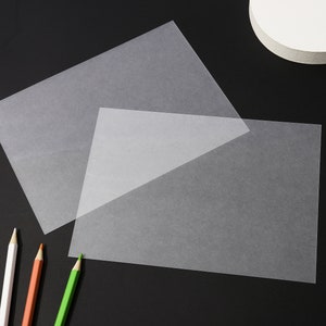 May include: Two sheets of translucent, off-white paper are arranged on a dark surface. The paper is slightly textured and appears to be thin. Colored pencils in red, white, orange, and green are visible in the lower left corner.