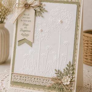 May include: A handmade greeting card with a white embossed dandelion design. The card features a tag with the text "May all your days be filled with Hope and Happiness". Embellishments include lace, a button, and floral accents.