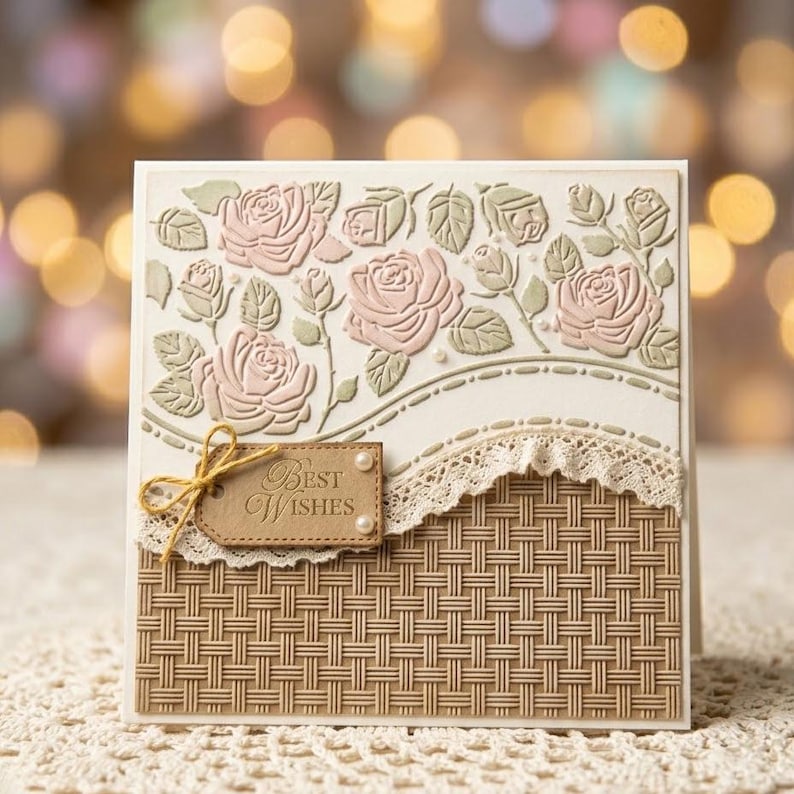 Op de afbeelding: Vierkante wenskaart met een geweven patroon aan de onderkant en in reli&euml;f aangebrachte rozen aan de bovenkant. De rozen zijn roze met groene bladeren. Een label met de woorden "Best Wishes" is vastgebonden met een gouden touwtje.
