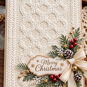 May include: A rectangular greeting card with an embossed cream-colored cable knit texture. The card features a decorative label with the text Merry Christmas, adorned with pine sprigs, red berries, small gold stars, pinecones, and a cream ribbon.