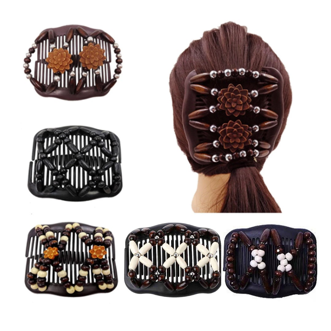 5 Pieces Magic Hair Comb Elastic Wooden Beaded Hair Clips Etsy