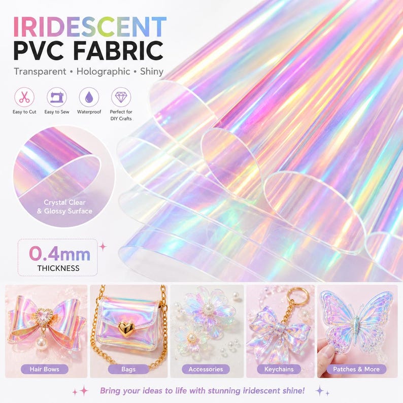 Pu&ograve; includere: Tessuto in PVC iridescente, trasparente, olografico e lucido. L'immagine mostra fogli arrotolati del materiale, con uno spessore di 0,4 mm. Adatto per lavori fai-da-te, tra cui fiocchi per capelli, borse, accessori, portachiavi e toppe.