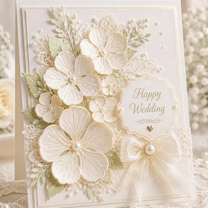May include: A cream-coloured greeting card featuring embossed white flowers with pearl centres, pale green leaves, and white lace accents. A scalloped label with the gold text Happy Wedding sits on the right, adorned with a sheer ribbon and a pearl.