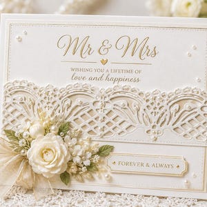 Könnte beinhalten: Eine weiße Hochzeitsgrußkarte mit goldener Schrift, die Mr & Mrs, WISHING YOU A LIFETIME OF love and happiness sowie FOREVER & ALWAYS lautet. Die Karte ist mit einer filigranen weißen Spitzenbordüre, Perlen und einem Blumenarrangement verziert.