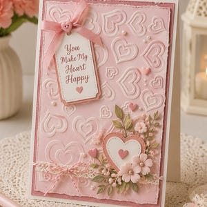 May include: A pink greeting card with a heart theme. The card features embossed hearts, a tag with the text "You Make My Heart Happy", and floral embellishments. A pink ribbon and bow add a decorative touch. The card is on a white background.