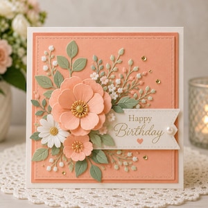 Puede incluir: Una tarjeta de felicitación cuadrada con fondo color melocotón, decorada con flores de papel superpuestas en tonos melocotón y blanco, hojas verde salvia y pequeñas ramitas blancas. Una cinta blanca a la derecha muestra el texto Happy Birthday.