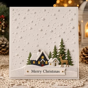 May include: A rectangular greeting card featuring a winter scene with a dark blue house, a smaller white house, green pine trees, and a golden deer. The background is white with embossed snowflakes and the text Merry Christmas on a banner.