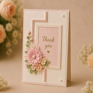 May include: A handmade thank you card with a floral design. The card features a pink and cream color scheme, with a central pink rectangle that reads "Thank you" in gold script. The card is adorned with 3D paper flowers and pearl accents.