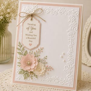 Puede incluir: Una tarjeta de felicitación hecha a mano con un diseño floral. La tarjeta presenta una etiqueta con el texto "Thinking of You and Wishing You a Beautiful Day". Tiene una combinación de colores rosa y blanco con adornos decorativos.