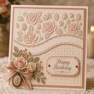 Op de afbeelding: Een handgemaakte verjaardagskaart met een textuurontwerp. De kaart heeft in reli&euml;f gemaakte roze rozen en bladeren, een geweven patroon en een lint met een camee. De woorden "Happy Birthday" staan op een label.