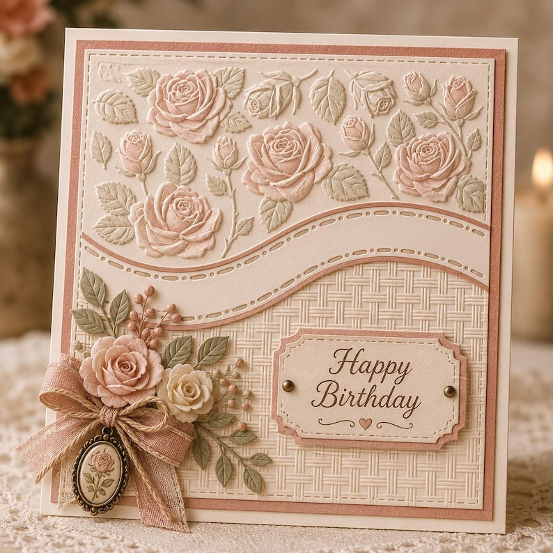 Op de afbeelding: Een handgemaakte verjaardagskaart met een textuurontwerp. De kaart heeft in reli&euml;f gemaakte roze rozen en bladeren, een geweven patroon en een lint met een camee. De woorden "Happy Birthday" staan op een label.