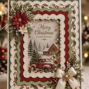 May include: A rectangular Christmas greeting card featuring a layered, scalloped frame in cream, green, and red. The center displays a snowy landscape with a red truck, a barn, and pine trees. Text reads Merry Christmas & Happy New Year. Embellished with a red poinsettia, pine sprigs, and a cream ribbon bow.