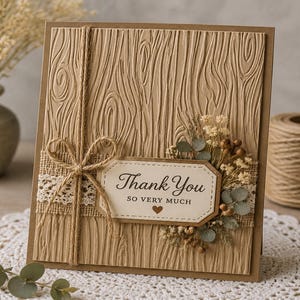 May include: A rectangular greeting card with a tan, embossed wood grain texture. It features a burlap strip, white lace trim, and a jute twine bow. A cream-colored label with the text "Thank You SO VERY MUCH" and a small heart is adorned with dried flowers.