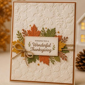Peut inclure: Une carte de vœux rectangulaire avec un fond gaufré de feuilles couleur crème. Le centre présente une étiquette blanche avec le texte "WISHING YOU A Wonderful Thanksgiving" entouré de feuilles découpées orange, jaunes et vertes et de ficelle.