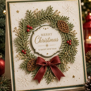 May include: A greeting card featuring a wreath made of green pine branches, red berries, gold sprigs, and two brown pinecones. A central cream-coloured label displays the gold text Merry Christmas & Happy New Year. A dark red ribbon bow sits below.