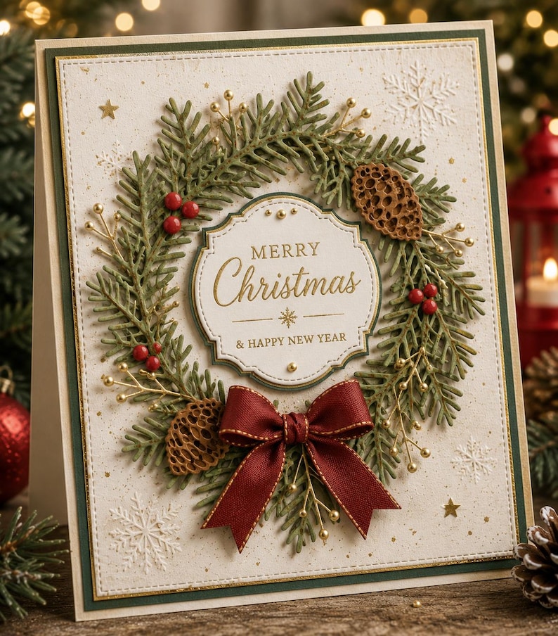 May include: A greeting card featuring a wreath made of green pine branches, red berries, gold sprigs, and two brown pinecones. A central cream-coloured label displays the gold text Merry Christmas & Happy New Year. A dark red ribbon bow sits below.