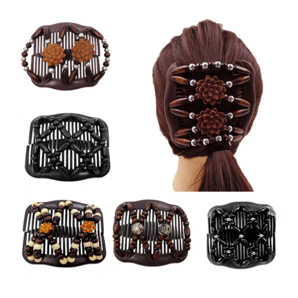 5 Pieces Magic Hair Comb Elastic Wooden Beaded Hair Clips Etsy