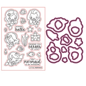 Pequena sereia transparente carimbo de borracha e conjunto de coordenação conjunto de corte de aço carbono para fazer cartão scrapbooking diy