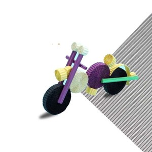 May include: A purple, yellow, and black paper quilling motorcycle. The motorcycle is made of rolled paper and has a green paper handlebar.