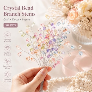 May include: A bunch of crystal bead branch stems with multi-coloured beads in shades of pink, purple, yellow, and blue. The stems are made of silver wire. The image text reads "Crystal Bead Branch Stems" and "50 PCS".