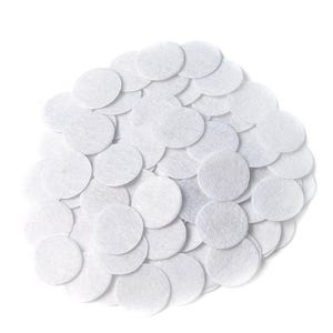 May include: A large pile of white felt circles. The circles are various sizes and are arranged in a random pattern.