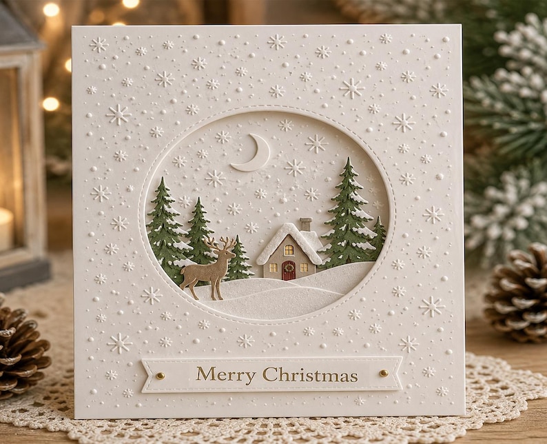 Op de afbeelding: Een cr&egrave;mekleurige wenskaart met een reli&euml;fpatroon van sneeuwvlokken en een cirkelvormig uitgesneden venster. In het venster staat een wintertafereel met een bruin hert, een klein huisje, groene dennenbomen en een maansikkel. Een banner bevat de tekst Merry Christmas.