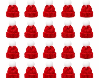 20 Red Knit Mini Hats with White Pom Poms, DIY Craft Supplies
