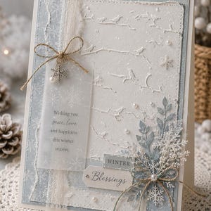 May include: A handmade winter greeting card with a textured white background and a light blue border. The card features a snowflake charm, a tag with the word "Blessings", and the text "Wishing you peace, love and happiness this winter season."