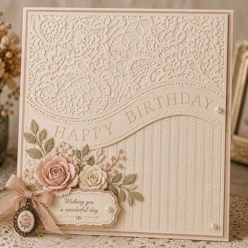 Może przedstawiać: Kremowa kartka urodzinowa z wytłoczonymi wzorami kwiatowymi i koronkowymi. Karta zawiera baner z napisem "HAPPY BIRTHDAY" oraz kompozycję kwiatową z r&oacute;żową kokardą i małą zawieszką. Tekst "Wishing you a wonderful day" jest r&oacute;wnież zawarty.