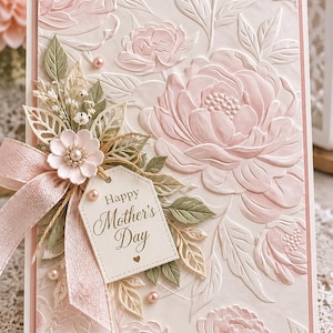 Pode incluir: Um cartão de felicitações retangular com um padrão floral em relevo em tons de rosa pálido e creme. O cartão é decorado com uma fita de cetim rosa, uma pequena flor branca com um centro de pérola e uma etiqueta com o texto Happy Mother's Day.