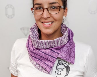 Purple Patchwork Infinity Scarf, Hand made cotton scarf, Unique fashion accessories, Pattern fabric