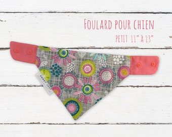 Pink Flower Dog Bandana, SMALL 11" to 13 " Dog Scarf, Pink, gray and green fabrics, Reversible scarf with snaps for pets