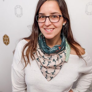 Bunny Patchwork Infinity Scarf, Beautiful floral fabrics with bunnies and deers, Green and beige 2 buttons scarf image 1