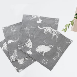 Cats Cloth Napkins, Kitchen Linens, Lunch or Cocktail Napkins, Grey and white cotton fabric set of 4 7.5 x 7.5 image 1