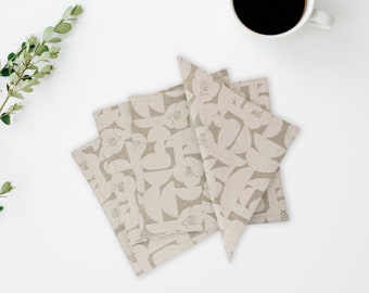 Beige Floral Cloth Napkins, Kitchen Linens, Lunch or Cocktail Napkins, Geometric Floral Linen and Cotton Fabric - set of 4 - 7.5" x 7.5"