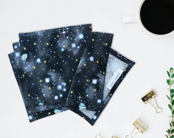 Space Cloth Napkins, Kitchen Linens, Lunch or Cocktail Napkins, Celestial Stars black fabric - set of 4 - 7.5" x 7.5"