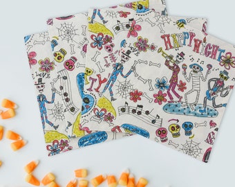 Happy Night Cloth Napkins, Table Linen, Lunch or Cocktail Napkins, Halloween Skeleton dance, Cotton & Linen Fabric - set of 4 7.5" x 7.5"