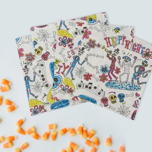 Happy Night Cloth Napkins, Table Linen, Lunch or Cocktail Napkins, Halloween Skeleton dance, Cotton & Linen Fabric set of 4 7.5 x 7.5 image 1