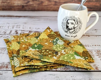 Forest Cloth Napkins, Kitchen Linens, Lunch or Cocktail Napkins, Sitting Kitties yellow and green fabric - set of 4 - 7.5" x 7.5"