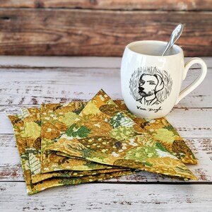 Forest Cloth Napkins, Kitchen Linens, Lunch or Cocktail Napkins, Sitting Kitties yellow and green fabric set of 4 7.5 x 7.5 image 1